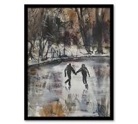 Skaters on Frozen Lake Artwork Winter Dark Ice Framed Art Print Artery8 Grey A4