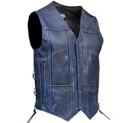 Skates sports Genuine Leather Motorcycle Vest Adjustable Side Laces Biker Vest with 2 Concealed Pockets Motorbike Riding Club Waistcoat (XL, Distress Blue)
