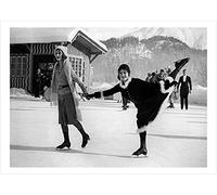 Skating in St Moritz, a 127 x 175mm Alternative Image winter themed Christmas card featuring a vintage black and white photo, message inside says Happy Christmas