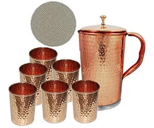 SKAVIJ Copper Pitcher w/Copper Handle and 6 Tumblers, Pure 100% Hammered Vessel, Heavy Duty Copper Jug, Handmade, 1600-ML, Best for Water, Ayurveda, Moscow Mule, Cocktails
