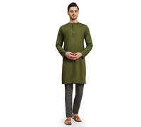 SKAVIJ Kurta for Men Cotton Long Indian Shirt Olive Green_M