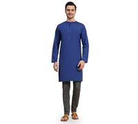 SKAVIJ Kurta for Men Cotton Long Indian Shirt Royal Blue_M