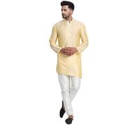 SKAVIJ Men Art Silk Cross Cut Ethnic Kurta Pajama Set Traditional Dress Outfit (Large, Beige)