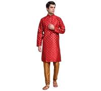 SKAVIJ Men’s Art Silk Kurta Pajama Set | Traditional Ethnic Printed Kurta with Churidar Pajama | Perfect Outfit for Diwali, Wedding & Festive Celebrations Red_XL
