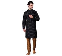 SKAVIJ Men’s Art Silk Kurta Pajama Set | Traditional Ethnic Printed Kurta with Churidar Pajama | Perfect Outfit for Diwali, Wedding & Festive Celebrations Black_XL