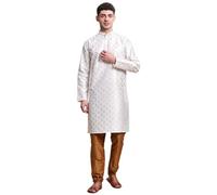 SKAVIJ Men’s Art Silk Kurta Pajama Set | Traditional Ethnic Printed Kurta with Churidar Pajama | Perfect Outfit for Diwali, Wedding & Festive Celebrations Off White_S