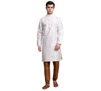 SKAVIJ Men’s Art Silk Kurta Pajama Set | Traditional Ethnic Printed Kurta with Churidar Pajama | Perfect Outfit for Diwali, Wedding & Festive Celebrations Off White_S