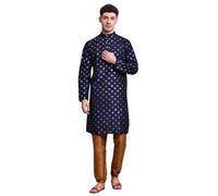 SKAVIJ Men’s Art Silk Kurta Pajama Set | Traditional Ethnic Printed Kurta with Churidar Pajama | Perfect Outfit for Diwali, Wedding & Festive Celebrations Blue_XL