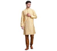 SKAVIJ Men’s Art Silk Kurta Pajama Set | Traditional Ethnic Printed Kurta with Churidar Pajama | Perfect Outfit for Diwali, Wedding & Festive Celebrations Beige_S