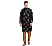 SKAVIJ Men’s Art Silk Kurta Pajama Set | Traditional Ethnic Printed Kurta with Churidar Pajama | Perfect Outfit for Diwali, Wedding & Festive Celebrations Black_M