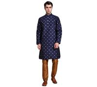 SKAVIJ Men’s Art Silk Kurta Pajama Set | Traditional Ethnic Printed Kurta with Churidar Pajama | Perfect Outfit for Diwali, Wedding & Festive Celebrations Blue_S