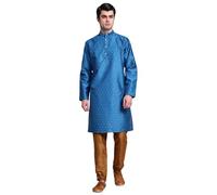 SKAVIJ Men’s Art Silk Kurta Pajama Set | Traditional Ethnic Printed Kurta with Churidar Pajama | Perfect Outfit for Diwali, Wedding & Festive Celebrations Turquoise_XL