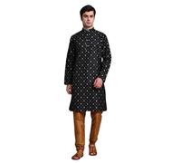 SKAVIJ Men’s Art Silk Kurta Pajama Set | Traditional Ethnic Printed Kurta with Churidar Pajama | Perfect Outfit for Diwali, Wedding & Festive Celebrations Black_XL