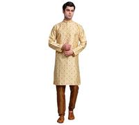 SKAVIJ Men’s Art Silk Kurta Pajama Set | Traditional Ethnic Printed Kurta with Churidar Pajama | Perfect Outfit for Diwali, Wedding & Festive Celebrations Beige_XL