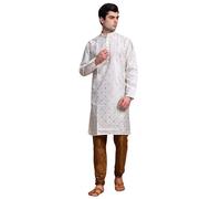 SKAVIJ Men’s Art Silk Kurta Pajama Set | Traditional Ethnic Printed Kurta with Churidar Pajama | Perfect Outfit for Diwali, Wedding & Festive Celebrations Off White_M
