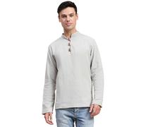 SKAVIJ Men’s Handloom Cotton Kurta Wooden Loop Button Casual Shirt (Small,Grey)