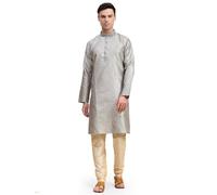 SKAVIJ Men’s Jacquard Silk Kurta Pajama Set | Traditional Long Sleeve Kurta with Churidar Pajama | Perfect for Diwali, Wedding & Festival Celebrations Grey_Small