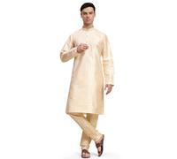 SKAVIJ Men’s Jacquard Silk Kurta Pajama Set | Traditional Long Sleeve Kurta with Churidar Pajama | Perfect for Diwali, Wedding & Festival Celebrations Beige_X, XL
