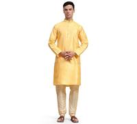 SKAVIJ Men's Jacquard Silk Embroidered Kurta Pyjama Set Ethnic Motifs Thread Work Festive Party Dress (KP130gold_Gold_L)
