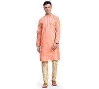 SKAVIJ Men’s Jacquard Silk Kurta Pajama Set | Traditional Long Sleeve Kurta with Churidar Pajama | Perfect for Diwali, Wedding & Festival Celebrations Orange_Small