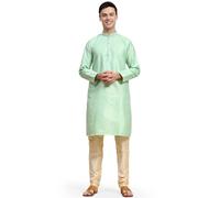 SKAVIJ Men's Jacquard Silk Embroidered Kurta Pyjama Set Ethnic Motifs Thread Work Festive Party Dress (KP130green_Green_L)