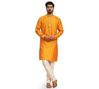 SKAVIJ Men’s Silk Kurta Pajama Set | Traditional Ethnic Wear for Men | Festive Long Sleeve Kurta with Churidar Pajama | Perfect Outfit for Diwali, Wedding & Celebration Events (Small, Gold)