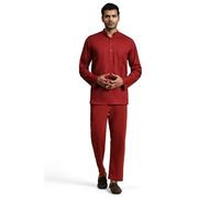 SKAVIJ Men's 2 Pieces Cotton Set Henley Shirt Long Sleeve and Casual Beach Pants Summer Yoga Outfits Red_L