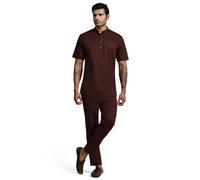 SKAVIJ Men's 2 Pieces Cotton Set Short Sleeve Henley Shirts Casual Beach Pants With Pockets Summer Yoga Outfits Brown_XL