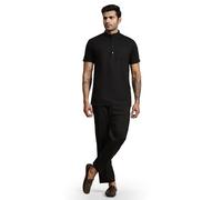 SKAVIJ Men's 2 Pieces Cotton Set Short Sleeve Henley Shirts Casual Beach Pants With Pockets Summer Yoga Outfits Black_XL