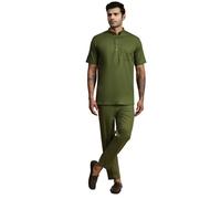 SKAVIJ Men's 2 Pieces Cotton Set Short Sleeve Henley Shirts Casual Beach Pants With Pockets Summer Yoga Outfits Olive Green_XL