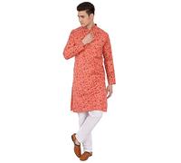 SKAVIJ Men's Art Silk Block Print Kurta Pyjama Set Floral Round Collar Festive Party Dress (KP091red_Red_XL)