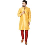 SKAVIJ Men's Art Silk Contrast Kurta Pyjama Set Woven Design 2-Piece Festive Ethnic Dress (KP044gold_Gold_S)