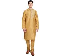 SKAVIJ Men's Art Silk Embroidered Kurta Pajama Set Floral Thread Work Festive Party Dress (KP072gold_Gold_M)