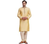 SKAVIJ Men's Art Silk Embroidered Kurta Pajama Set Thread Work Ethnic Motifs Festive Party Dress (KP001beige_Beige_S)