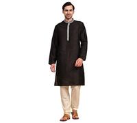 SKAVIJ Men's Art Silk Embroidered Kurta Pajama Set Thread Work Ethnic Motifs Festive Party Dress (KP001black_Black_S)
