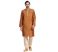 SKAVIJ Men's Art Silk Embroidered Kurta Pajama Set Thread Work Ethnic Motifs Festive Party Dress (KP001black_Brown_S)