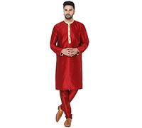 SKAVIJ Men's Art Silk Embroidered Kurta Pajama Set Woven Design Festive Party Dress (KP027red_Red_XL)