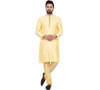 SKAVIJ Men's Art Silk Ethnic Motifs Kurta Pajama Embroidered Round Neck Festive Party Dress (KP029beige_Beige_S)