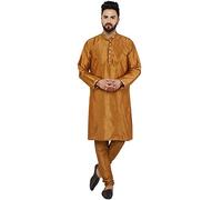 SKAVIJ Men's Art Silk Ethnic Motifs Kurta Pajama Thread Work Round Neck Festive Party Dress (KP025brown_Brown_M)