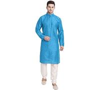 SKAVIJ Men's Art Silk Printed Kurta Pajama Set Festive Wear Dress Suit Large Turquoise
