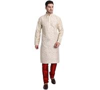 SKAVIJ Men's Art Silk Printed Kurta Pajama Set Mandarin Collar Ethnic Motifs Party Dress (KP080beige_Beige_XL)