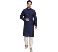 SKAVIJ Men's Art Silk Printed Kurta Pajama Set Mandarin Collar Ethnic Motifs Party Dress (KP080blue_Blue_L)