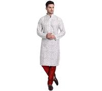 SKAVIJ Men's Art Silk Printed Kurta Pajama Set Mandarin Collar Ethnic Motifs Party Dress (KP080offwhite_Off White_S)
