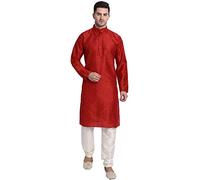 SKAVIJ Men's Art Silk Printed Kurta Pajama Set Mandarin Collar Ethnic Motifs Party Dress (KP080red_Red_L)