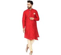 SKAVIJ Men's Art Silk Printed Kurta Pyjama Set Self Design 2-Piece Festive Party Ethnic Dress (KP059red_Red_XL)