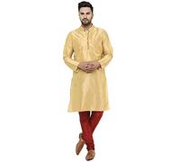 SKAVIJ Men's Art Silk Self Design Kurta Pajama Mandarin Collar 2-Piece Ethnic Festive Dress (KP026beige_Beige_XL)