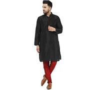 SKAVIJ Men's Art Silk Self Design Kurta Pajama Mandarin Collar 2-Piece Ethnic Festive Dress (KP026black_Black_S)