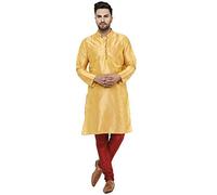 SKAVIJ Men's Art Silk Self Design Kurta Pajama Mandarin Collar 2-Piece Ethnic Festive Dress (KP026gold_Gold_S)