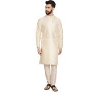 SKAVIJ Men's Art Silk Solid Kurta Pyjama Set Festive Woven Design 2-Piece Ethnic Dress (KP055beige_Beige_M)