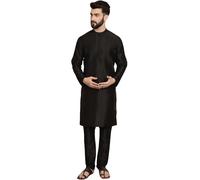 SKAVIJ Men's Art Silk Solid Kurta Pyjama Set Festive Woven Design 2-Piece Ethnic Dress (KP055black_Black_M)